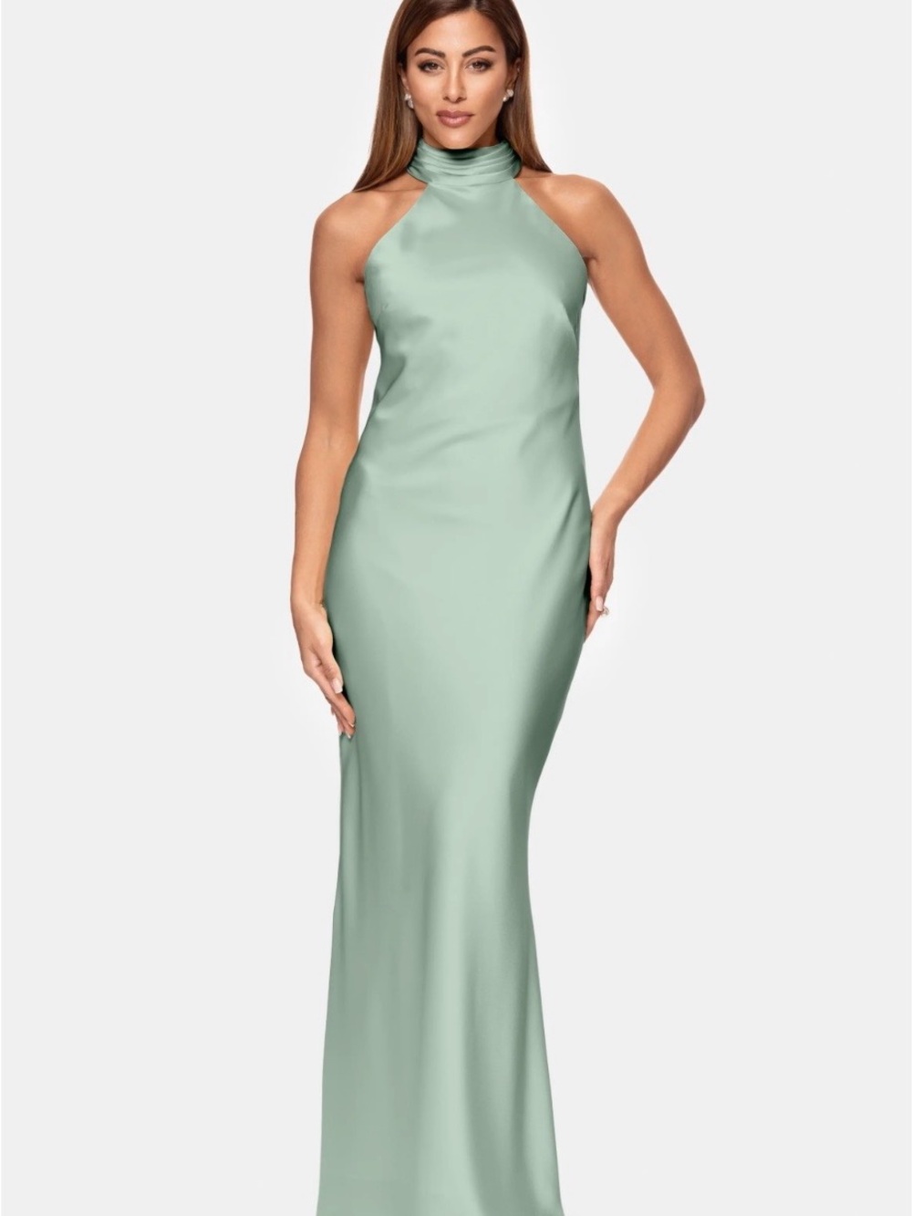 Xscape Sage Green Satin Halter Gown